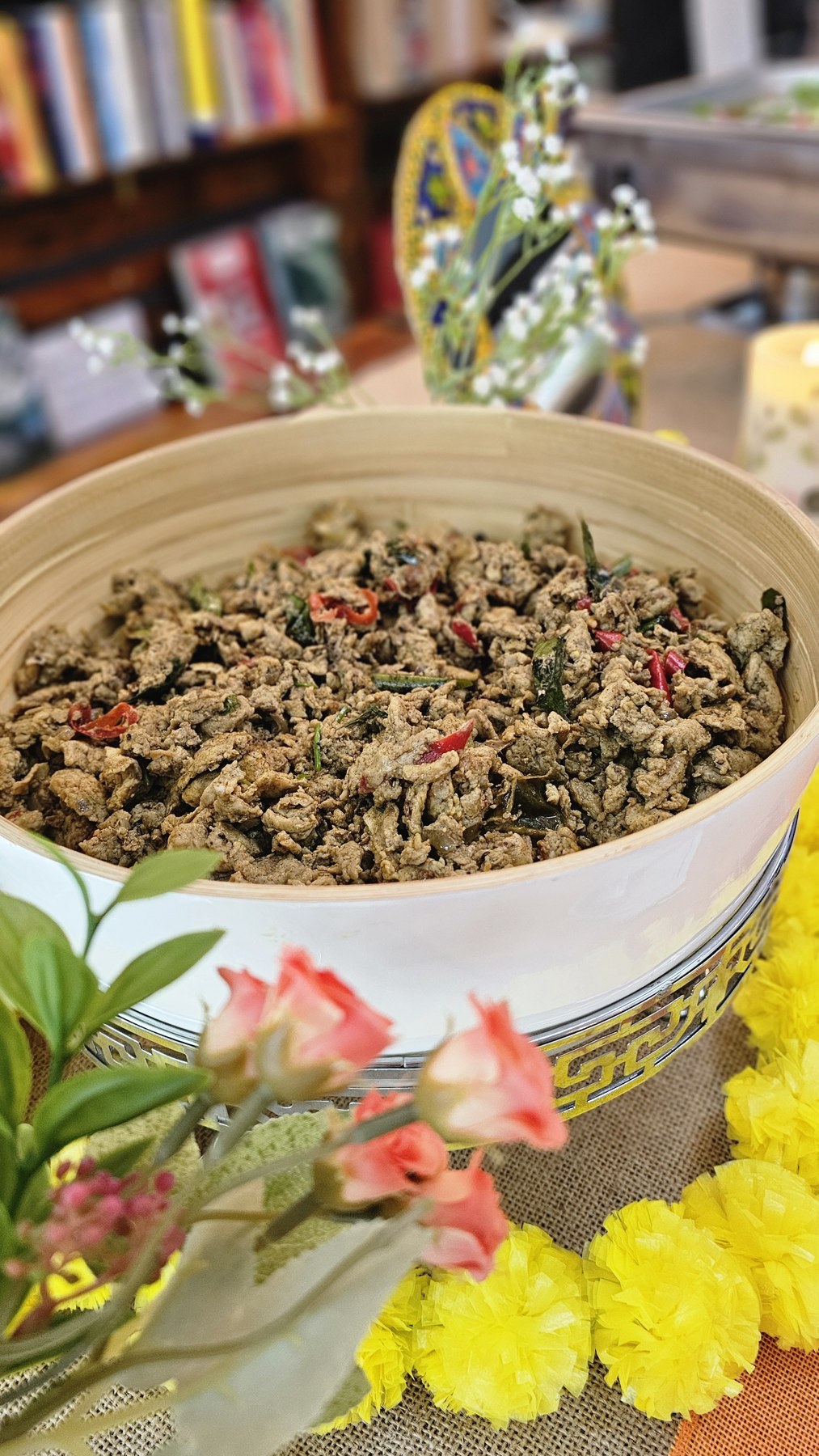 A savoury dish served in a bamboo presentation basket