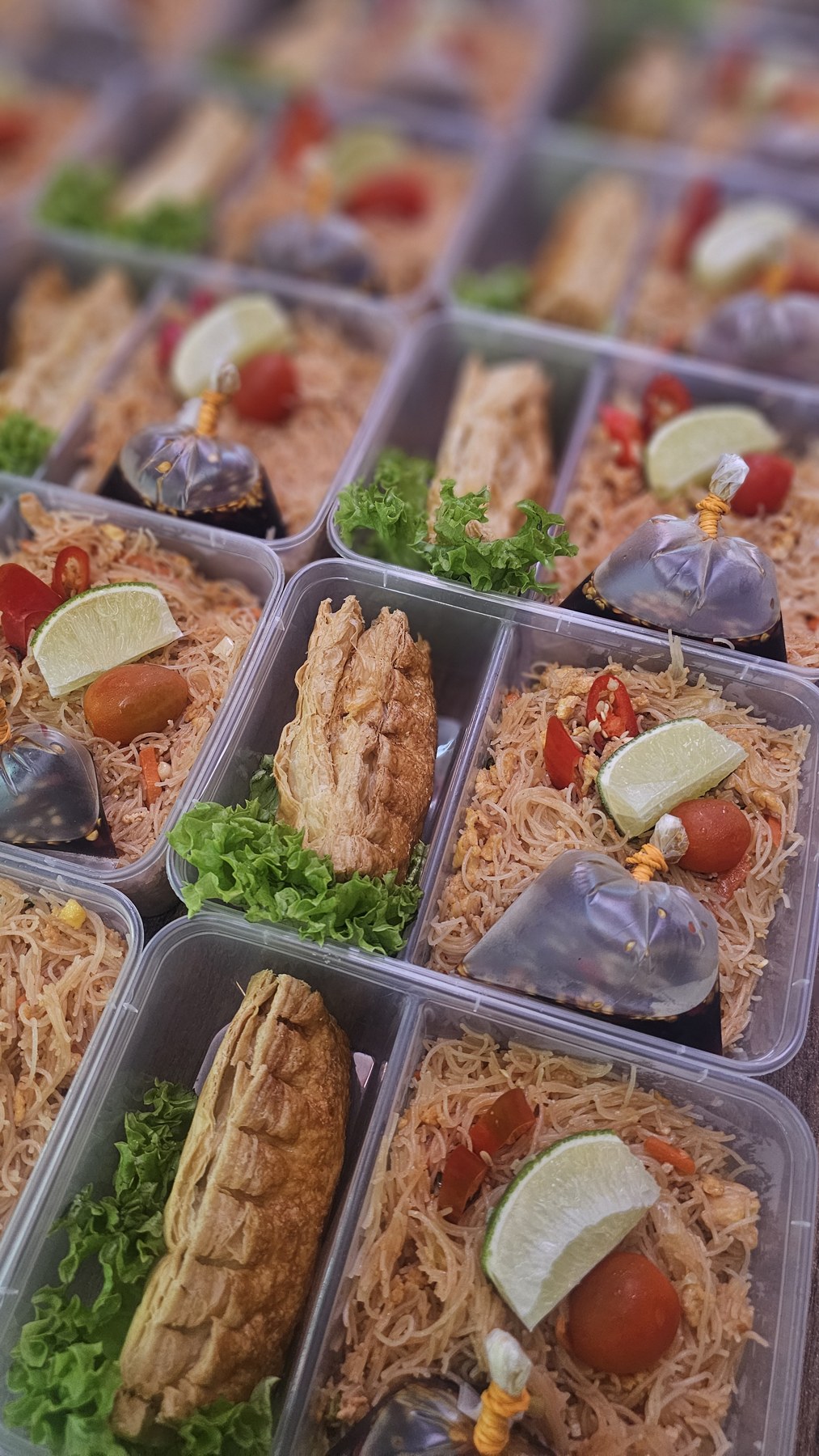 Packed noodle meals with fish, vegetables and bottled drinks