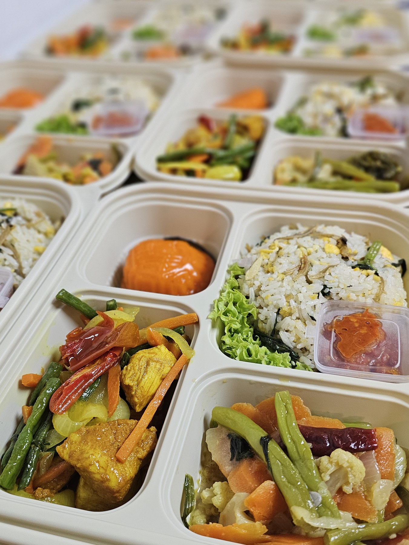 Bento boxes with rice, vegetables and side dishes