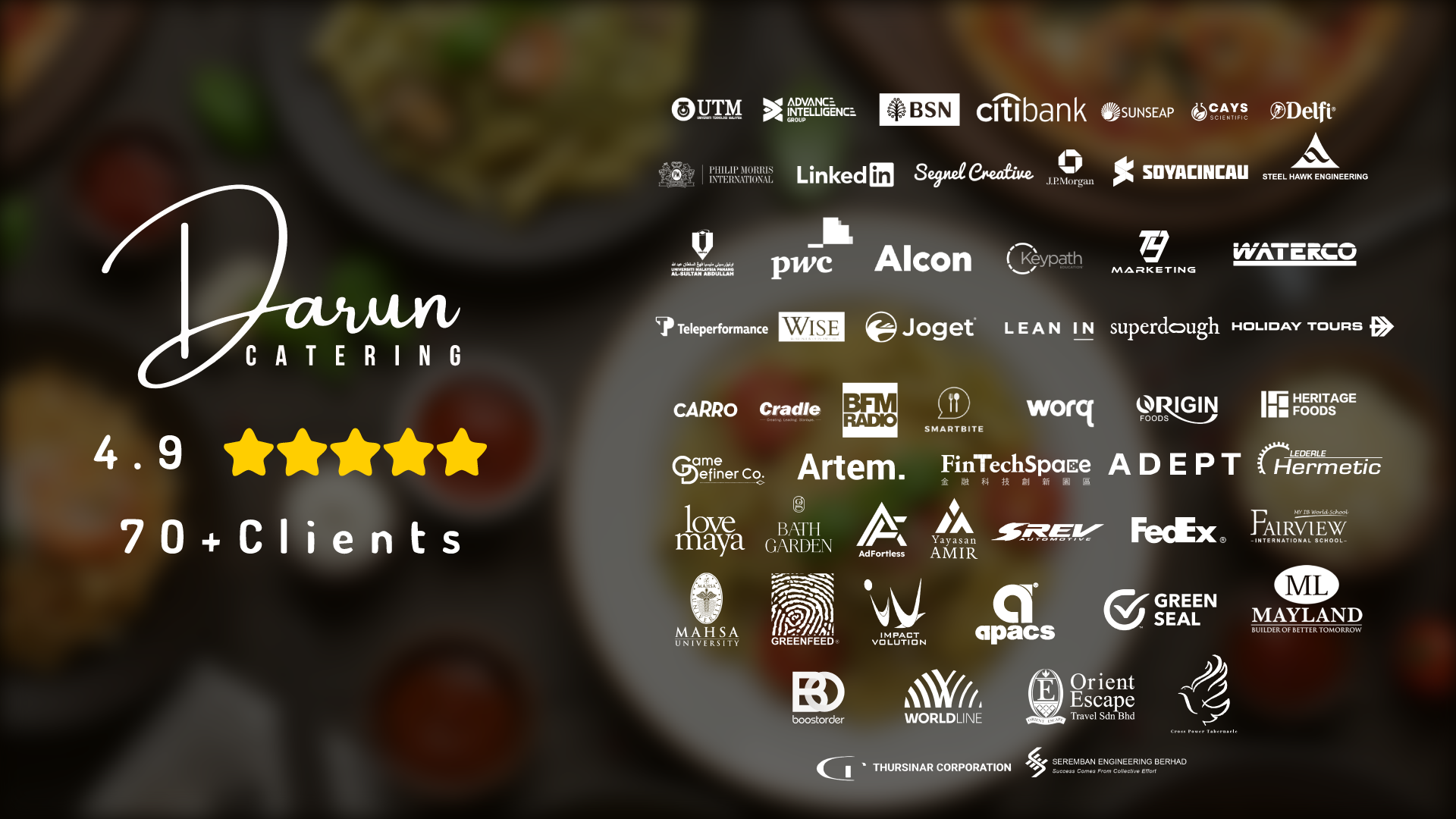 Darun Catering supplied client artwork, including UTM, BSN, Citibank, LinkedIn and other organisations; artwork states 4.9 and 70+ clients